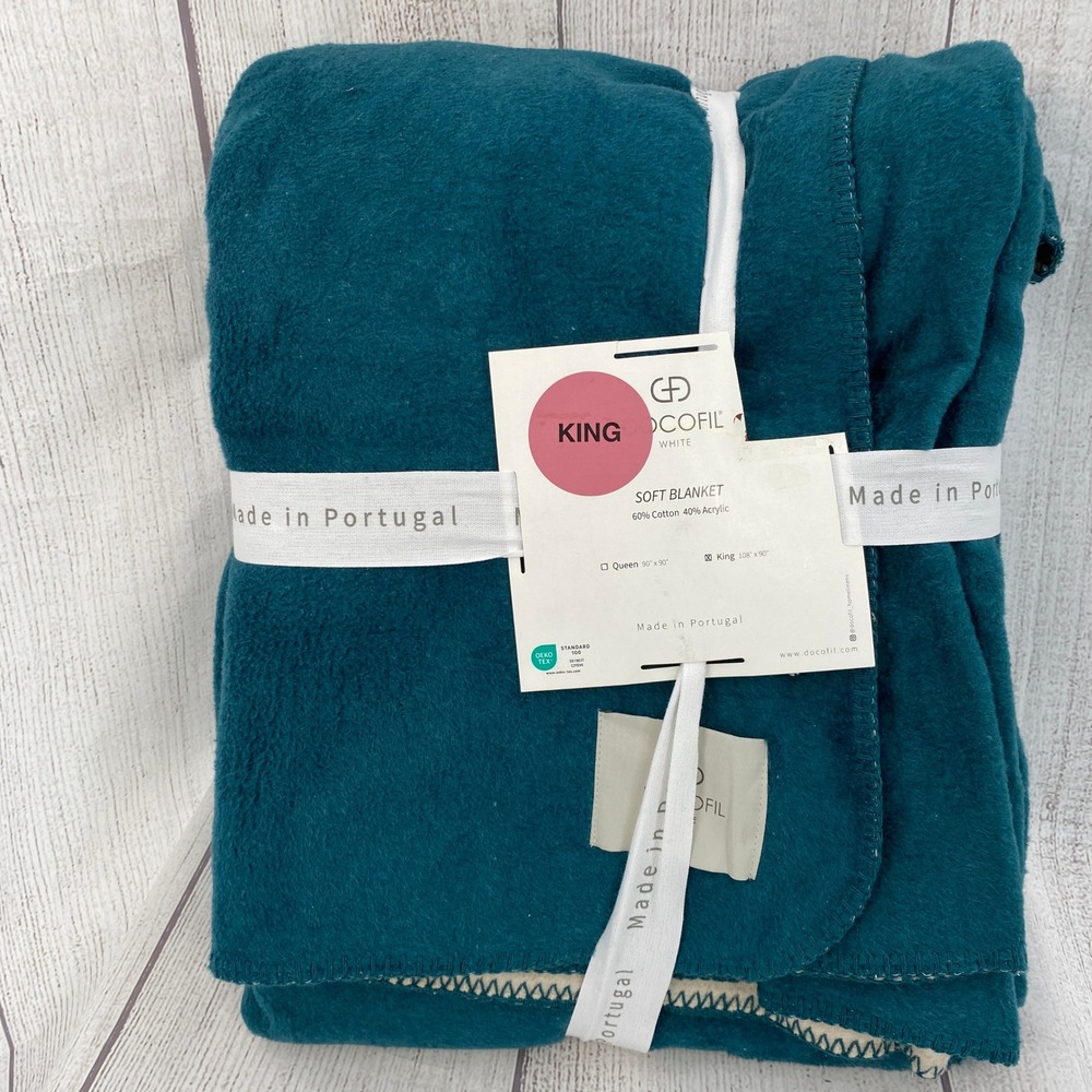 Docofil White Soft Blanket King Teal Blue Cotton Acrylic Made in Portugal 108x90